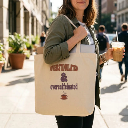 Overstimulated & Overcaffeinated soft retro coffee mental health canvas tote bag — lifestyle