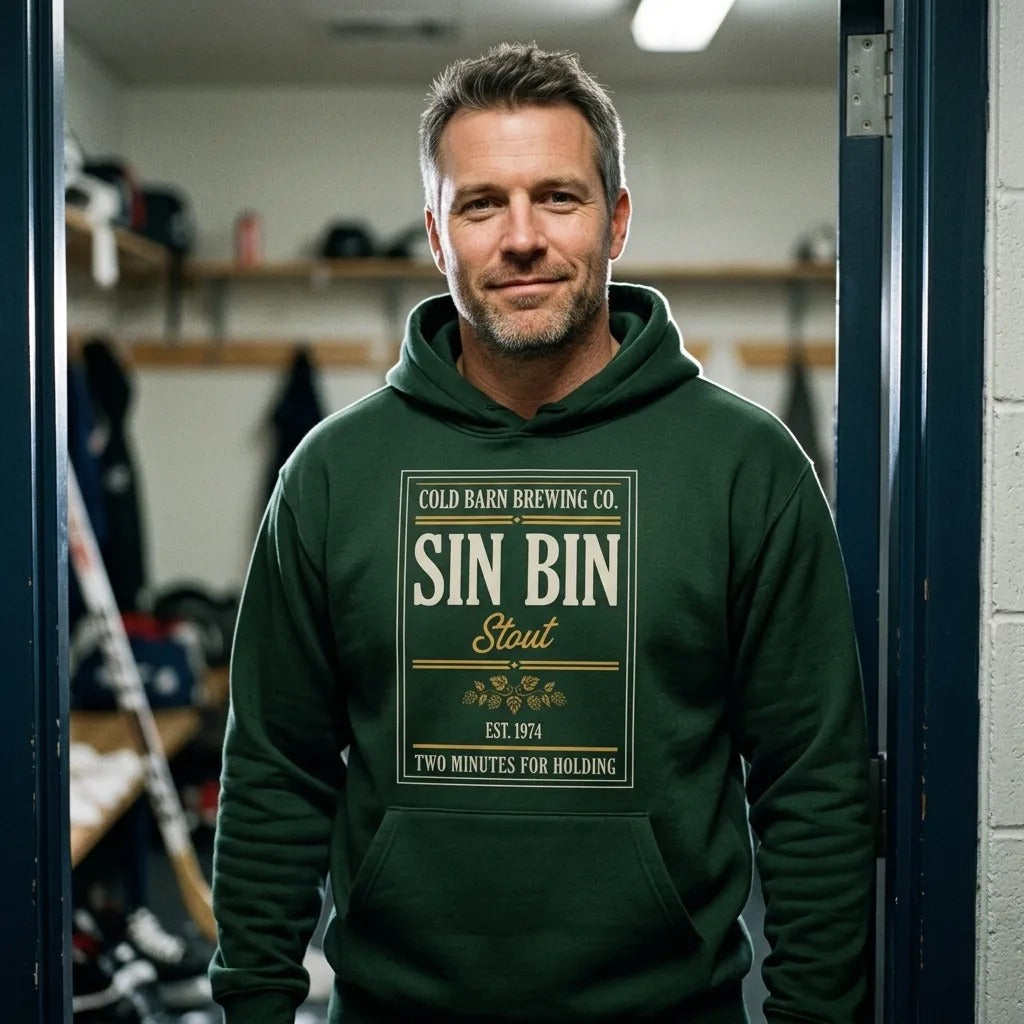 Beer League Sin Bin Stout brewery label hoodie — lifestyle