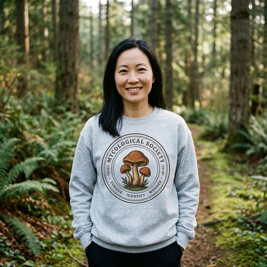 Mushroom Foraging Mycological Society vintage botanical crewneck — lifestyle