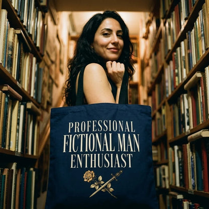 Professional Fictional Man Enthusiast book lover dark academia cotton tote bag — lifestyle