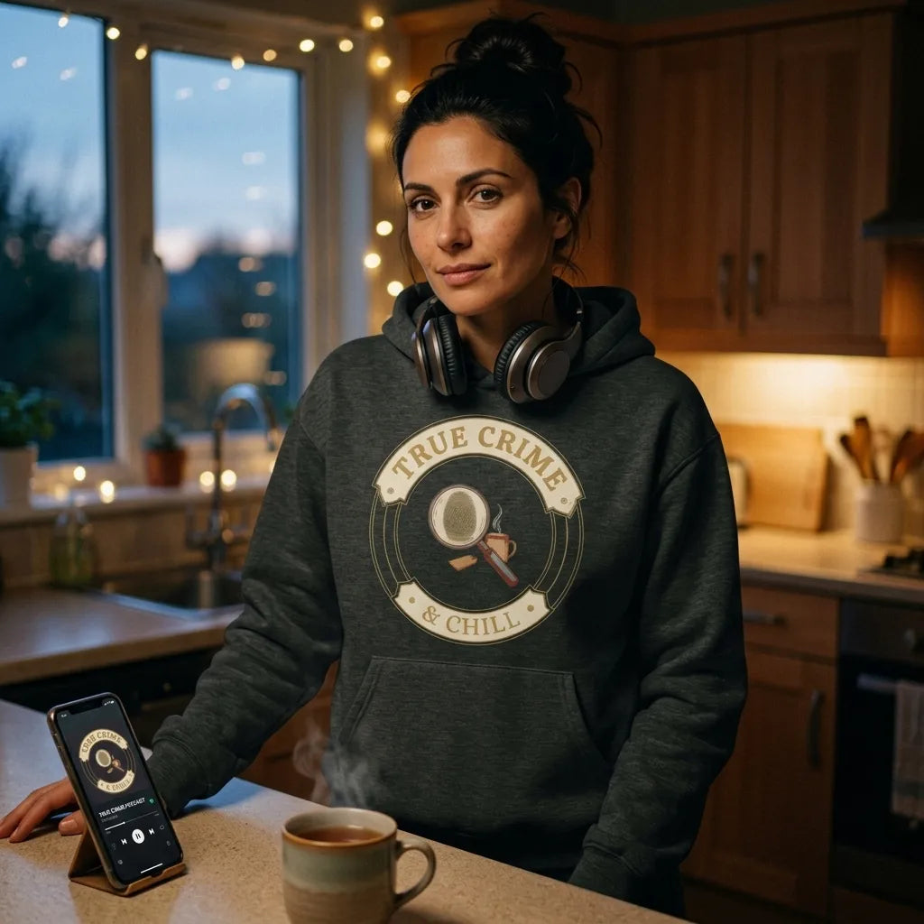 True Crime and Chill vintage case-file badge hoodie — lifestyle