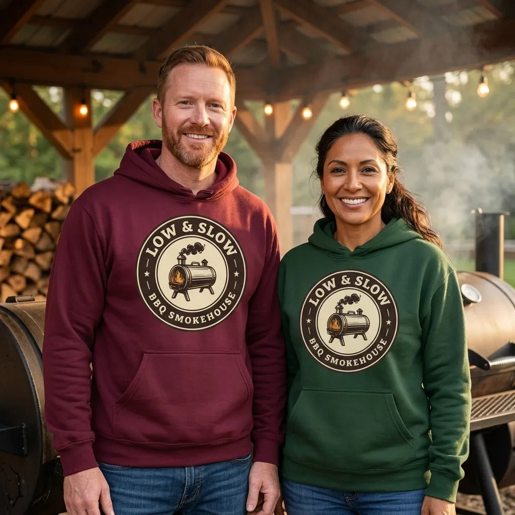 Low & Slow BBQ smoker hoodie — lifestyle