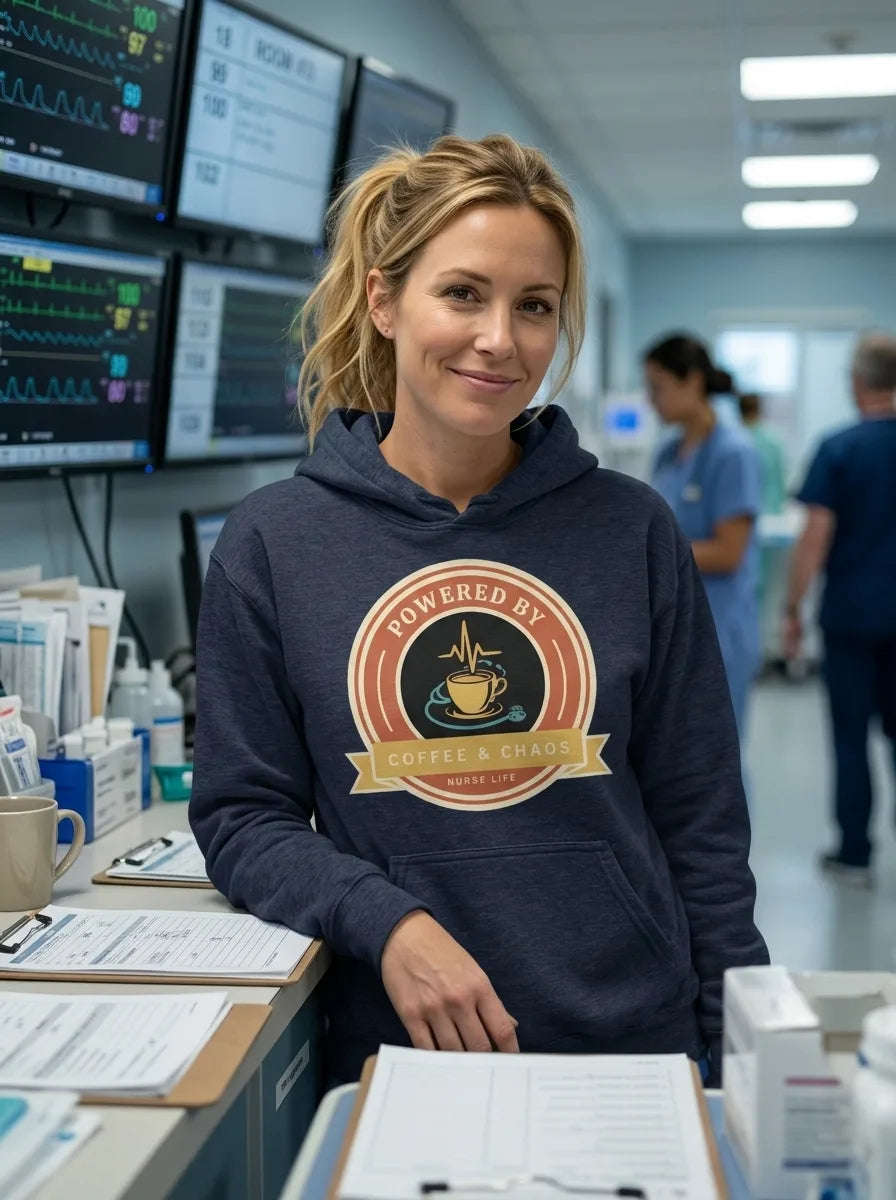 Powered by Coffee & Chaos retro nurse badge hoodie — lifestyle