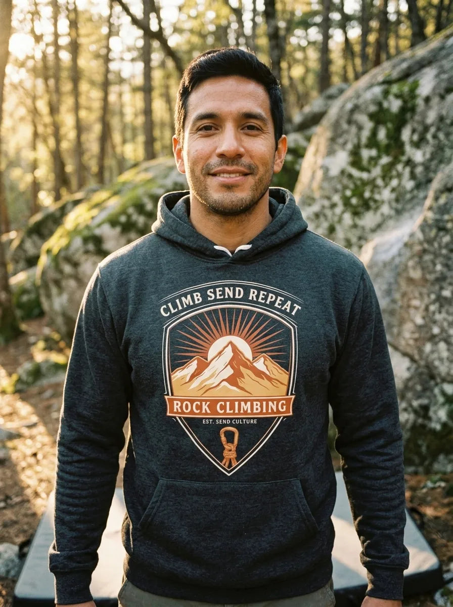 Climb Send Repeat mountaineering crest hoodie — lifestyle