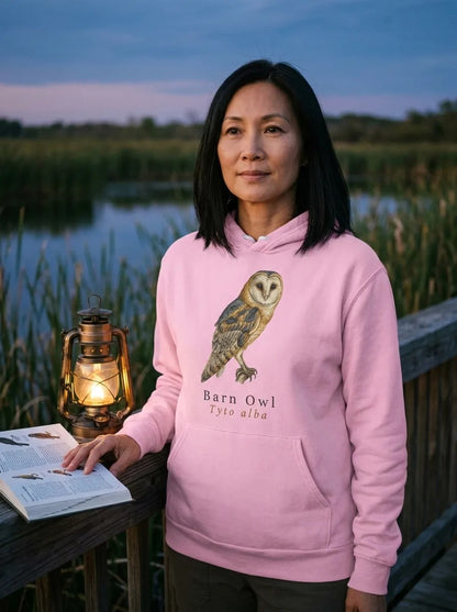 Barn Owl vintage field-guide hoodie — lifestyle