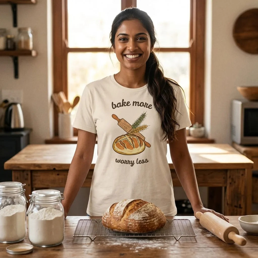 Smiling home baker in a farmhouse kitchen with a fresh sourdough loaf, wearing the Bake More Worry Less sourdough tee