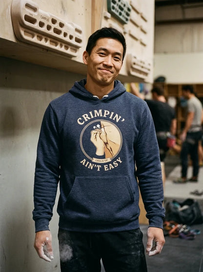 Crimpin' Ain't Easy bouldering badge hoodie — lifestyle