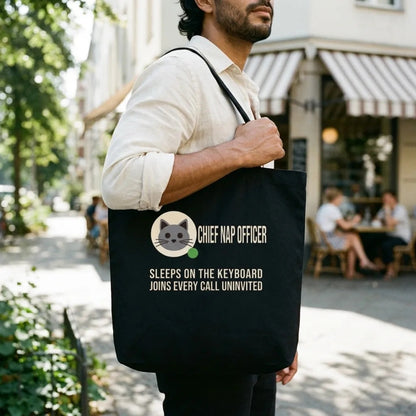 Chief Nap Officer cat profile card tote bag — lifestyle