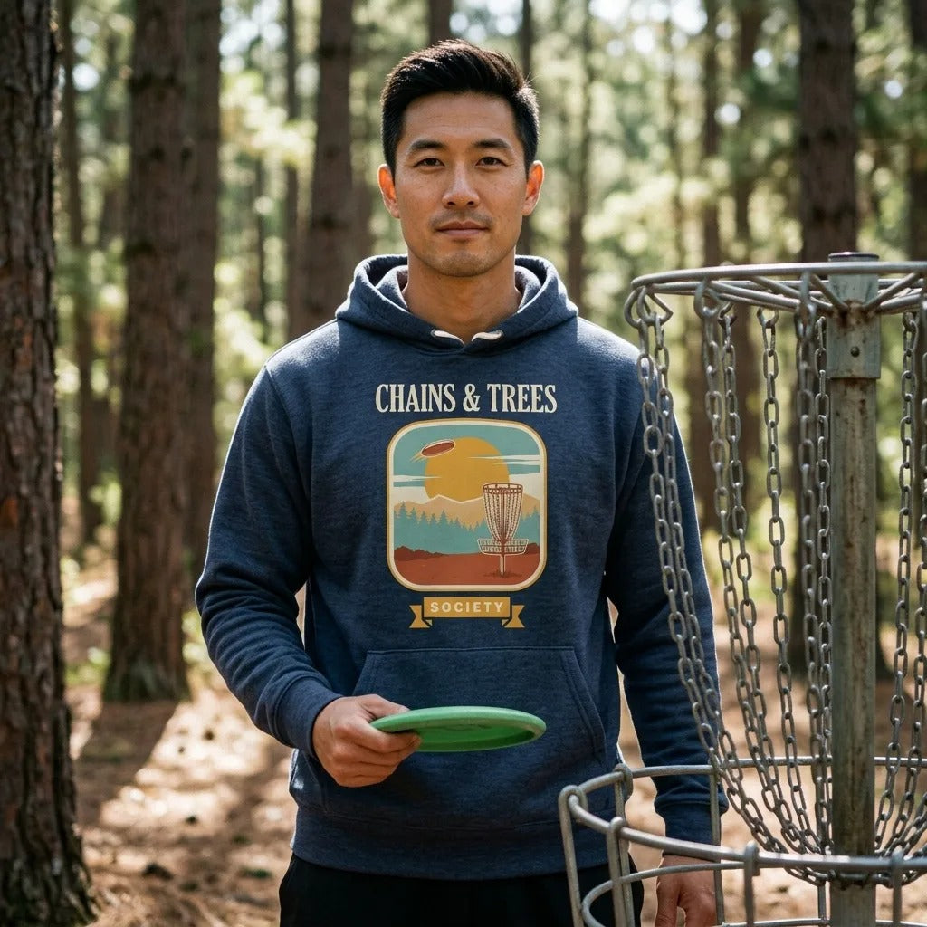 Chains & Trees Society disc golf retro landscape hoodie — lifestyle