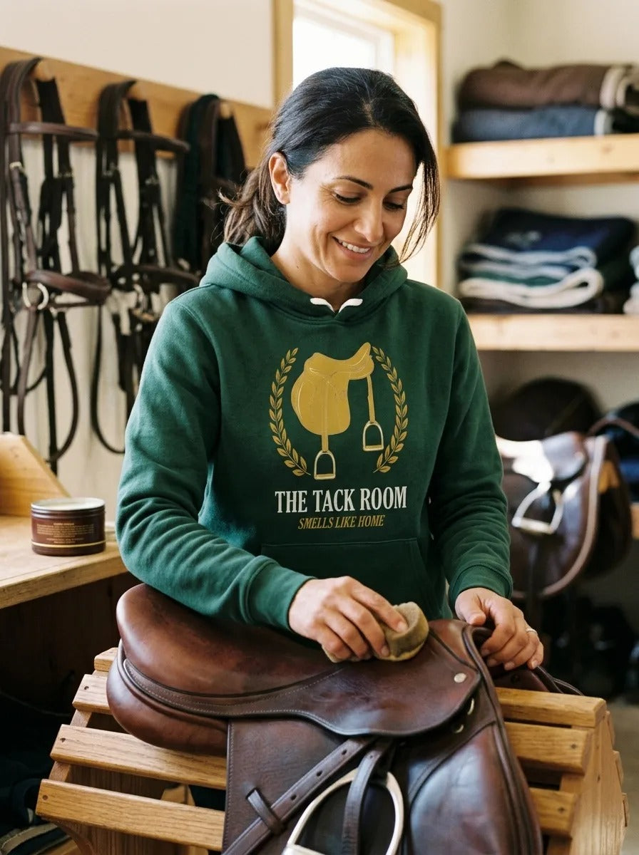 The Tack Room engraved equestrian saddle crest hoodie — lifestyle