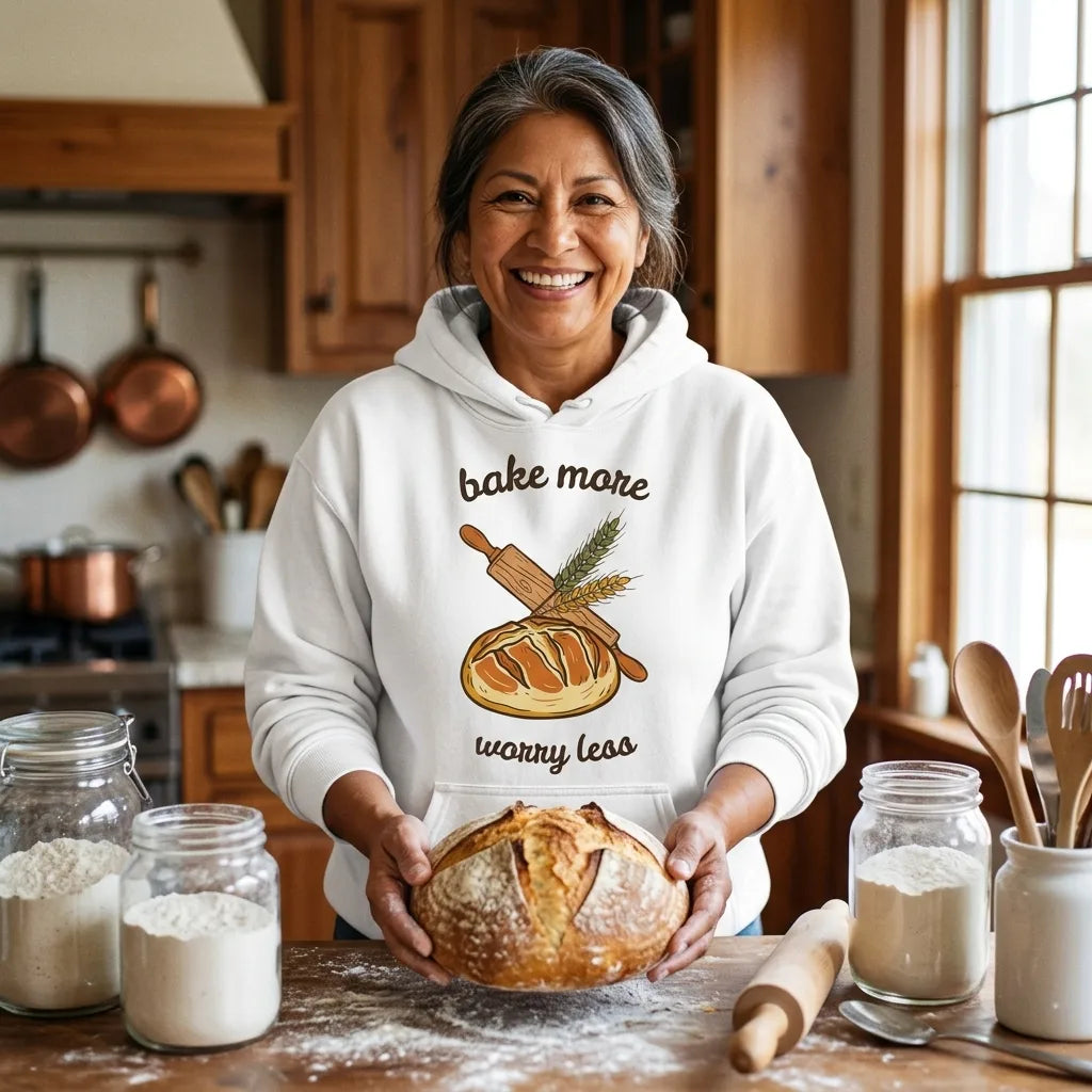Bake More Worry Less retro kitchen sourdough hoodie — lifestyle
