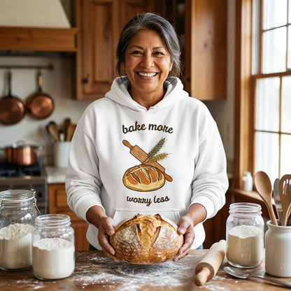 Bake More Worry Less retro kitchen sourdough hoodie — lifestyle