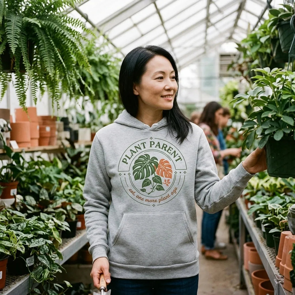 Plant Parent retro botanical badge hoodie — lifestyle