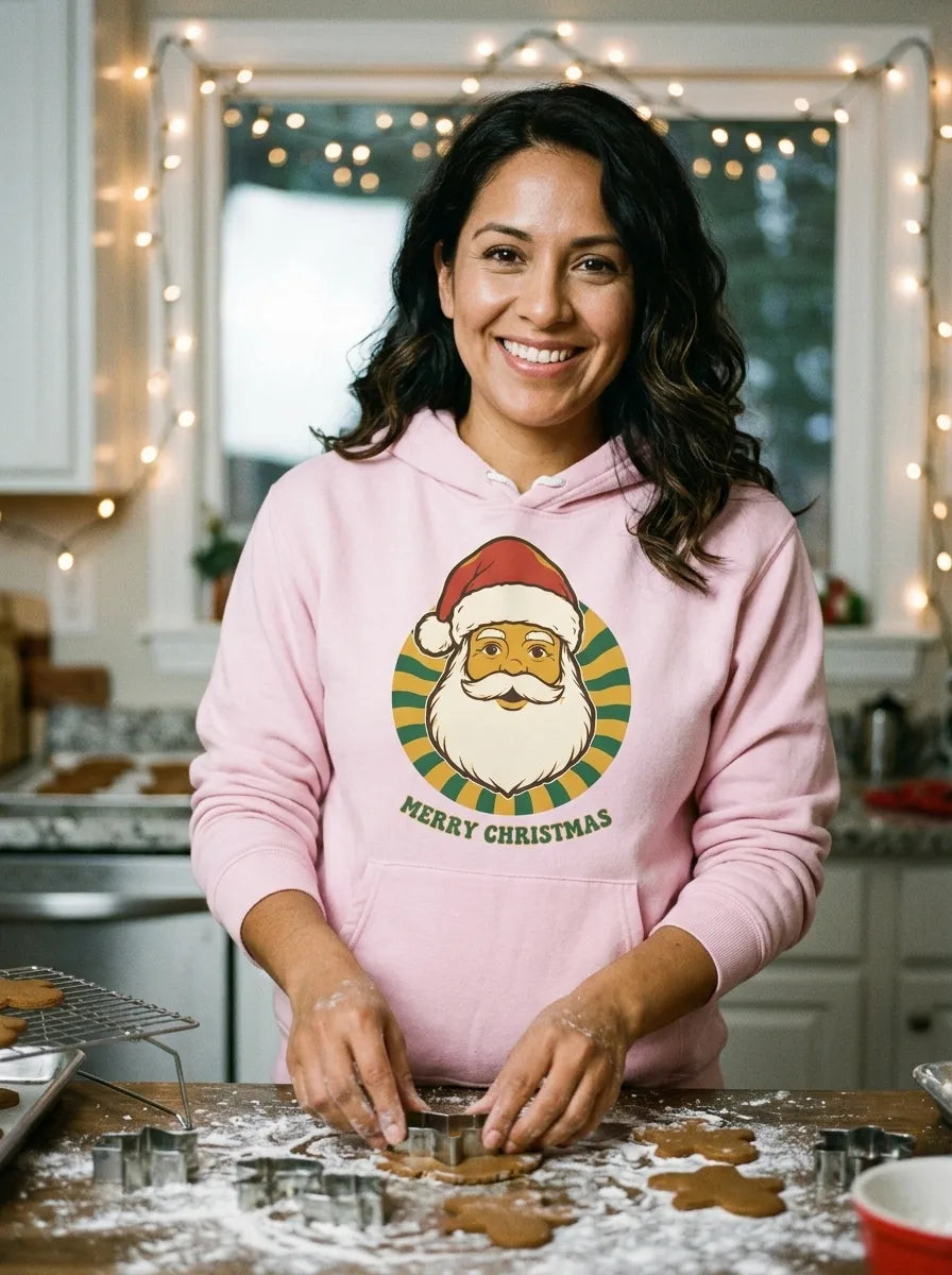 Groovy Santa retro Christmas hoodie — lifestyle