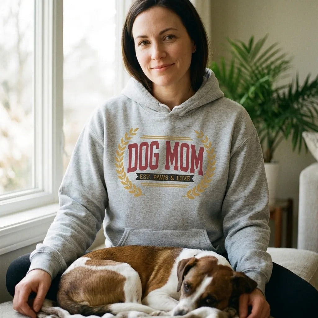 Dog Mom vintage varsity wordmark hoodie — lifestyle