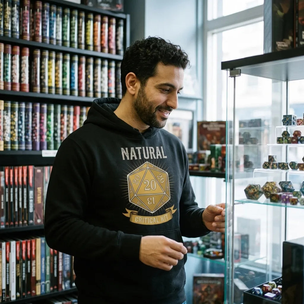 Natural 20 critical hit d20 tabletop RPG hoodie — lifestyle
