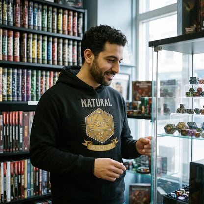 Natural 20 critical hit d20 tabletop RPG hoodie — lifestyle