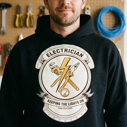 Electrician Journeyman trade crest hoodie — lifestyle