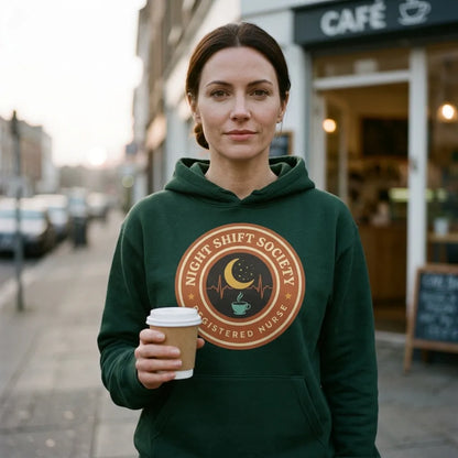 Night Shift Society retro registered nurse badge hoodie — lifestyle