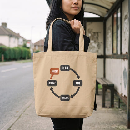 Plan Act Observe Repeat canvas tote bag — lifestyle