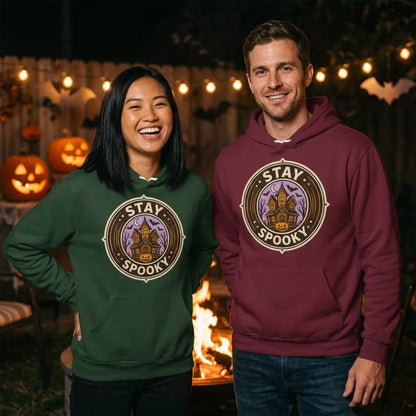 Stay Spooky retro Halloween vintage badge hoodie — lifestyle
