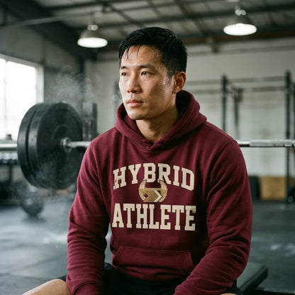 Hybrid Athlete vintage varsity hoodie — lifestyle