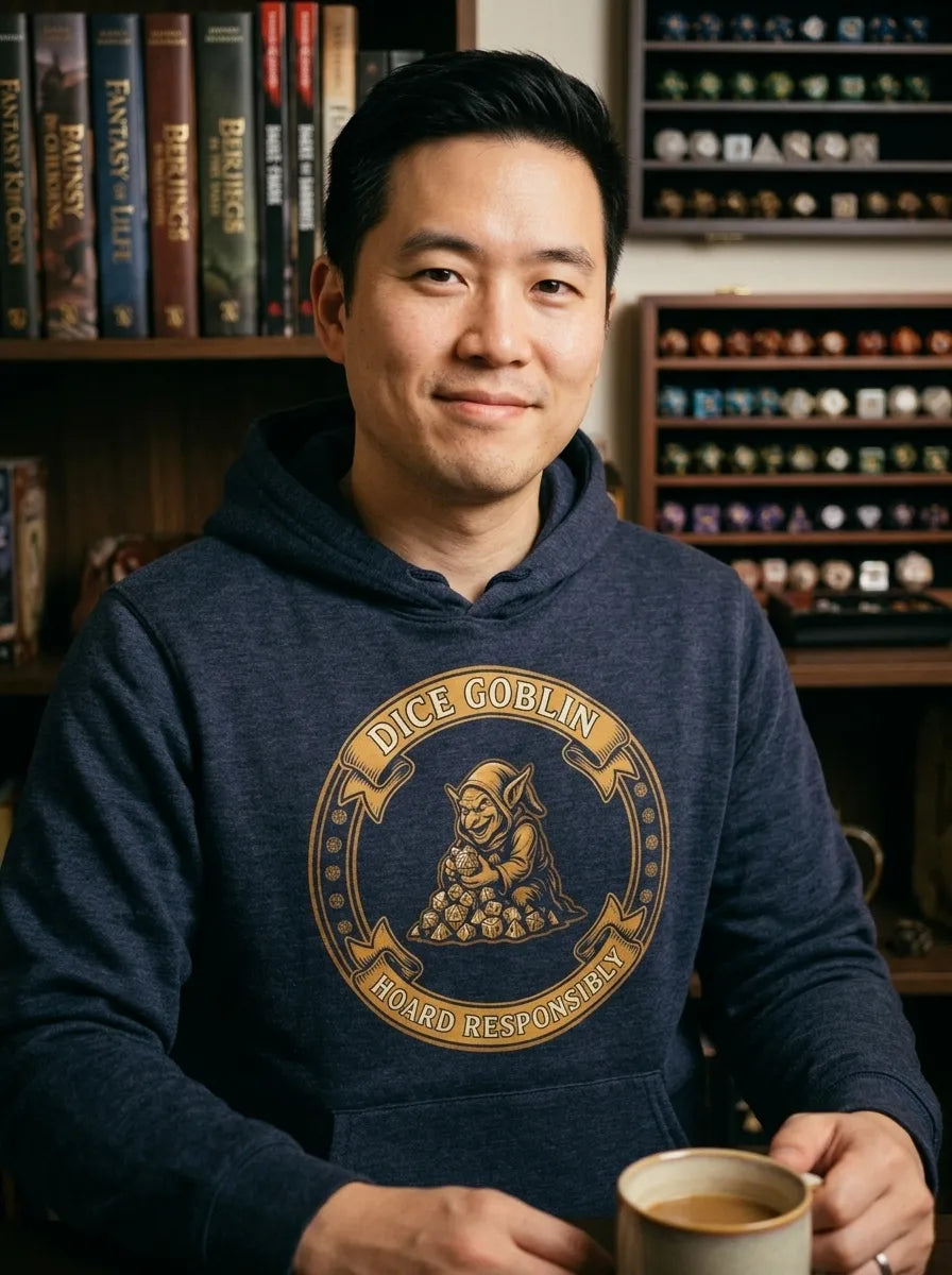 Dice Goblin Hoard Responsibly tabletop RPG hoodie — lifestyle