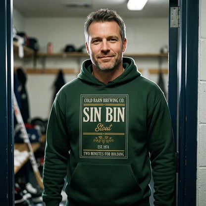 Beer League Sin Bin Stout brewery label hoodie — lifestyle