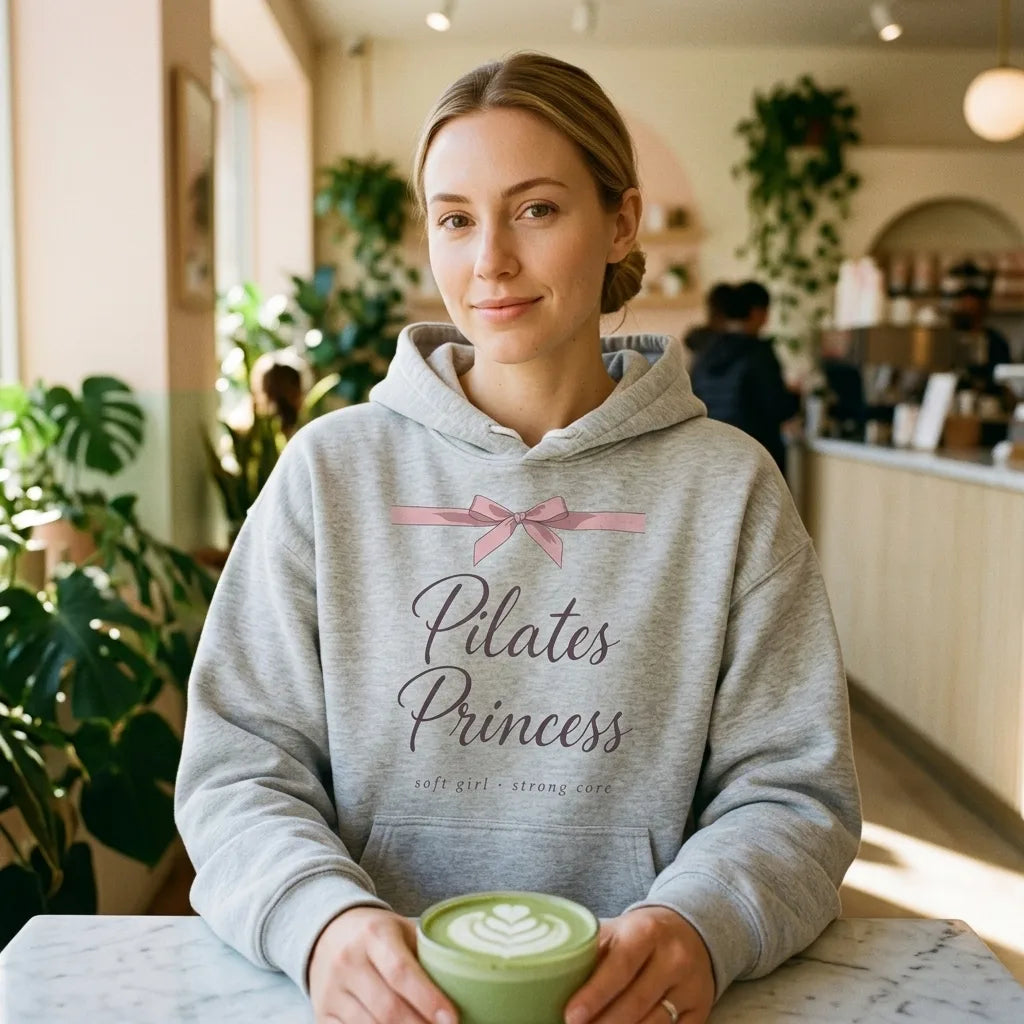 Pilates Princess coquette bow hoodie — lifestyle