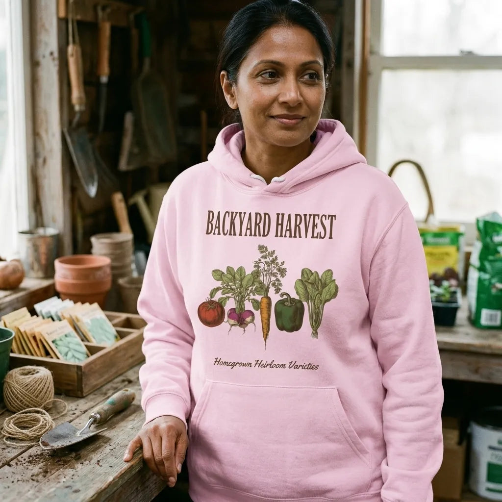 Backyard Harvest heirloom vegetable gardening hoodie — lifestyle