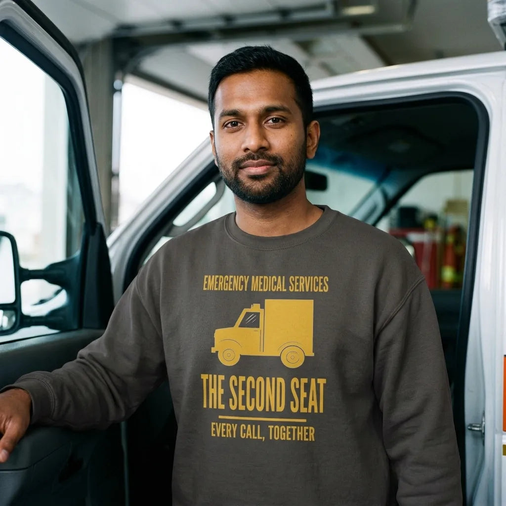 The Second Seat EMS paramedic crewneck — lifestyle