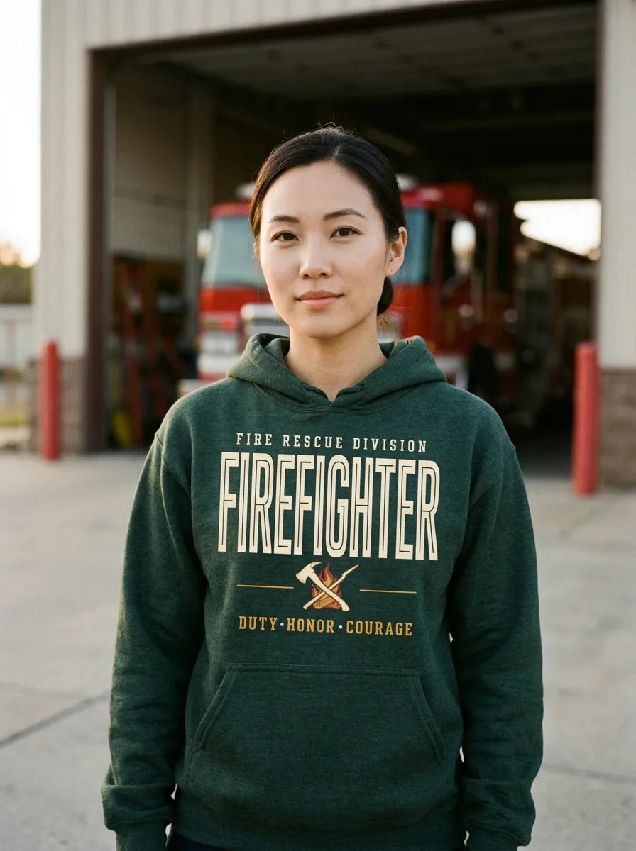 Firefighter collegiate wordmark retro fire-rescue hoodie — lifestyle