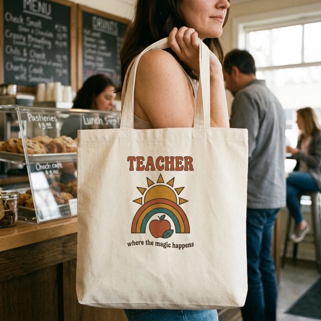 Teacher Where The Magic Happens retro groovy teacher cotton tote bag — lifestyle