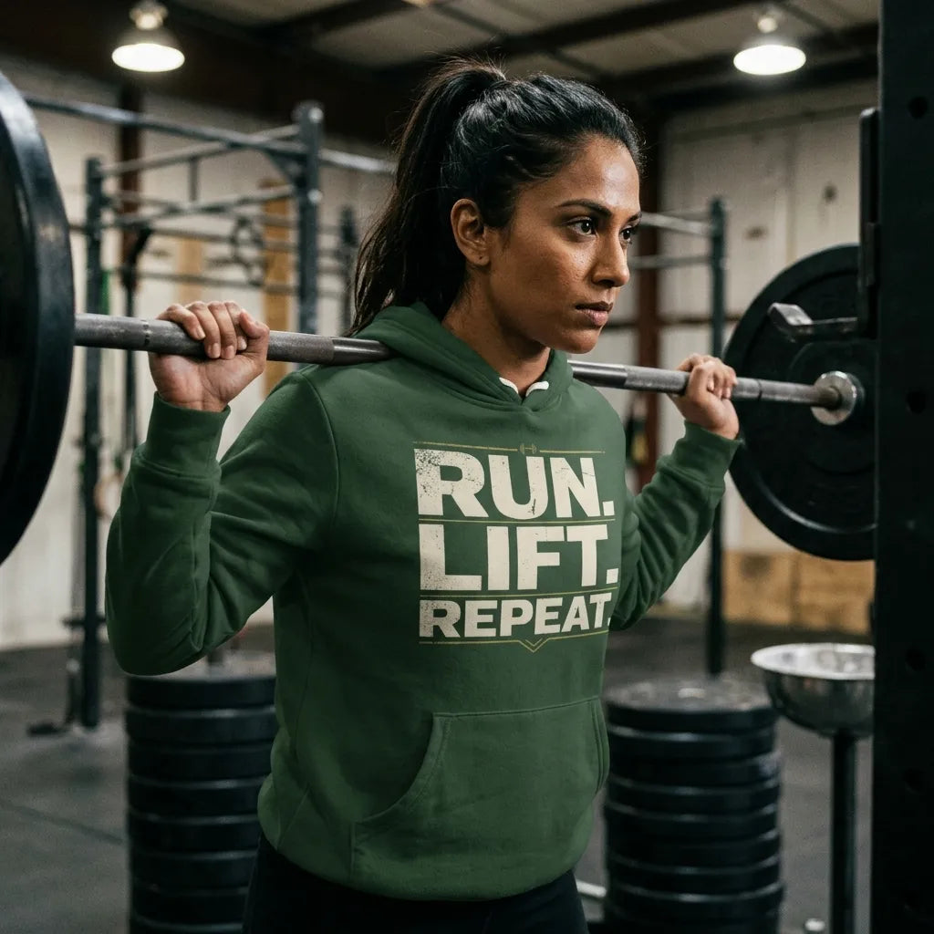 Run Lift Repeat vintage athletic hoodie — lifestyle