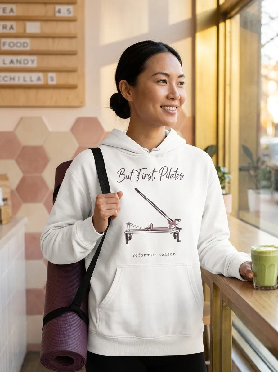 But First Pilates reformer line-art hoodie — lifestyle