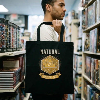 Natural 20 critical hit d20 tabletop RPG cotton tote bag — lifestyle
