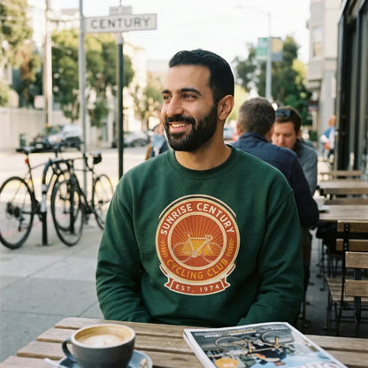 Sunrise Century C.C. retro cycling club badge crewneck — lifestyle