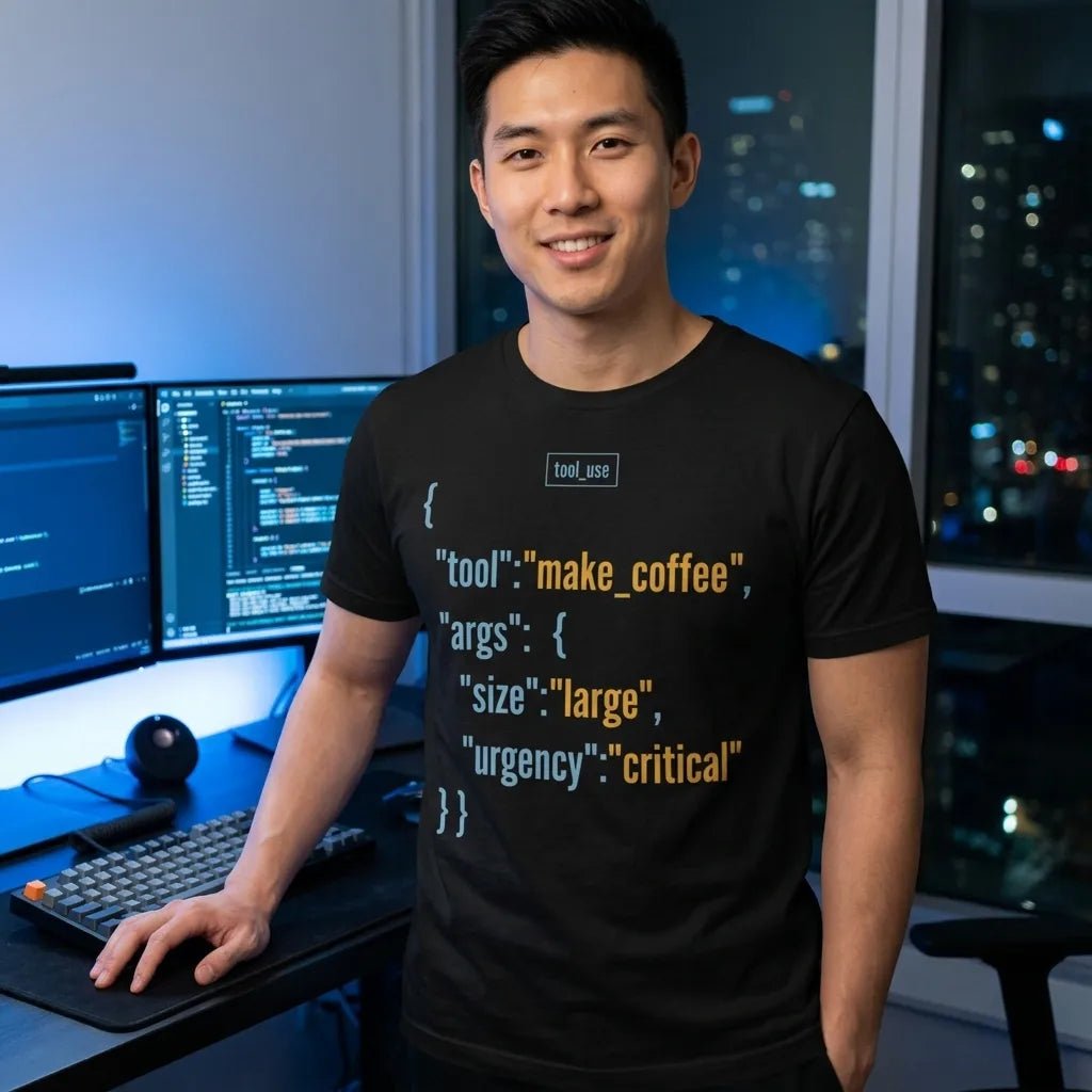 Tool Call Make Coffee AI engineer tee — lifestyle