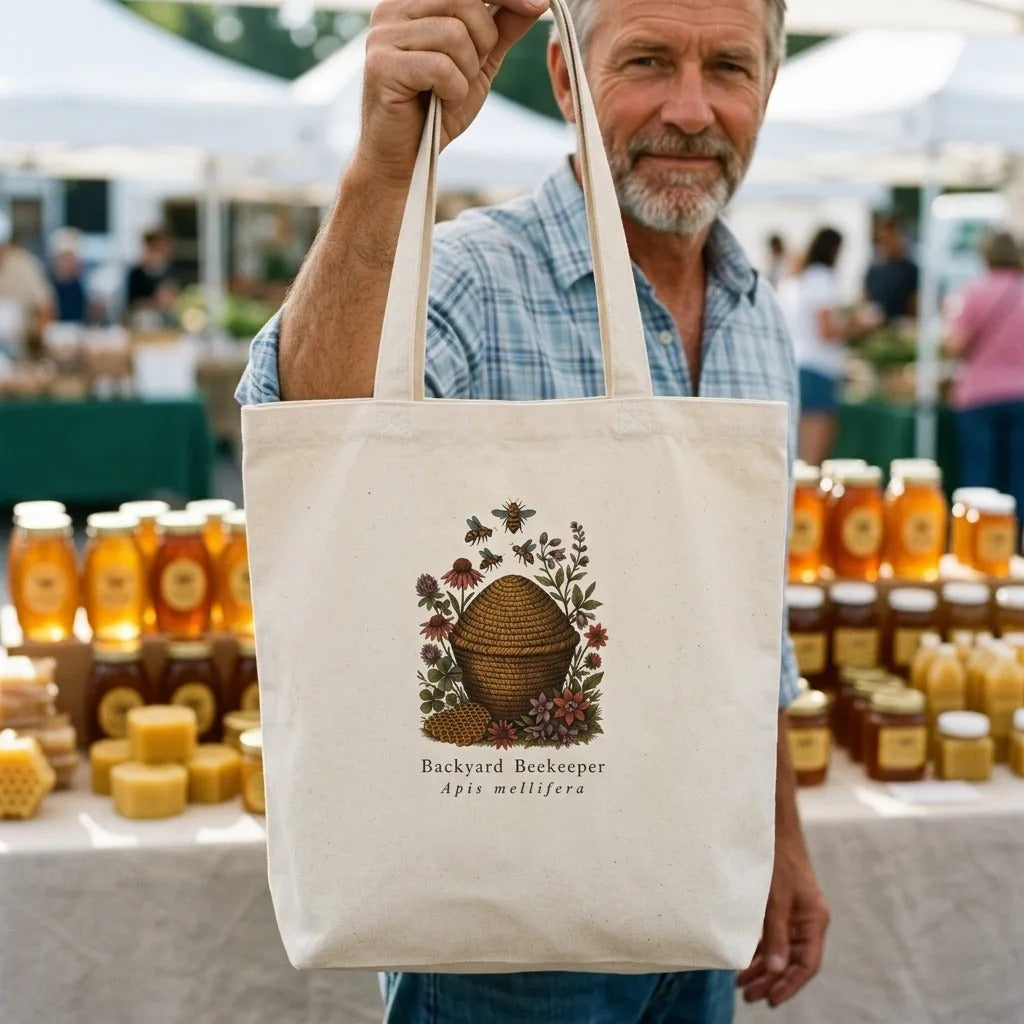 Backyard Beekeeper field-guide bee cotton tote bag — lifestyle