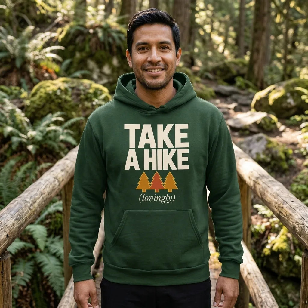 Take a Hike retro outdoors humor typography hoodie — lifestyle