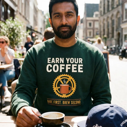 Earn Your Coffee retro cycling coffee crewneck — lifestyle