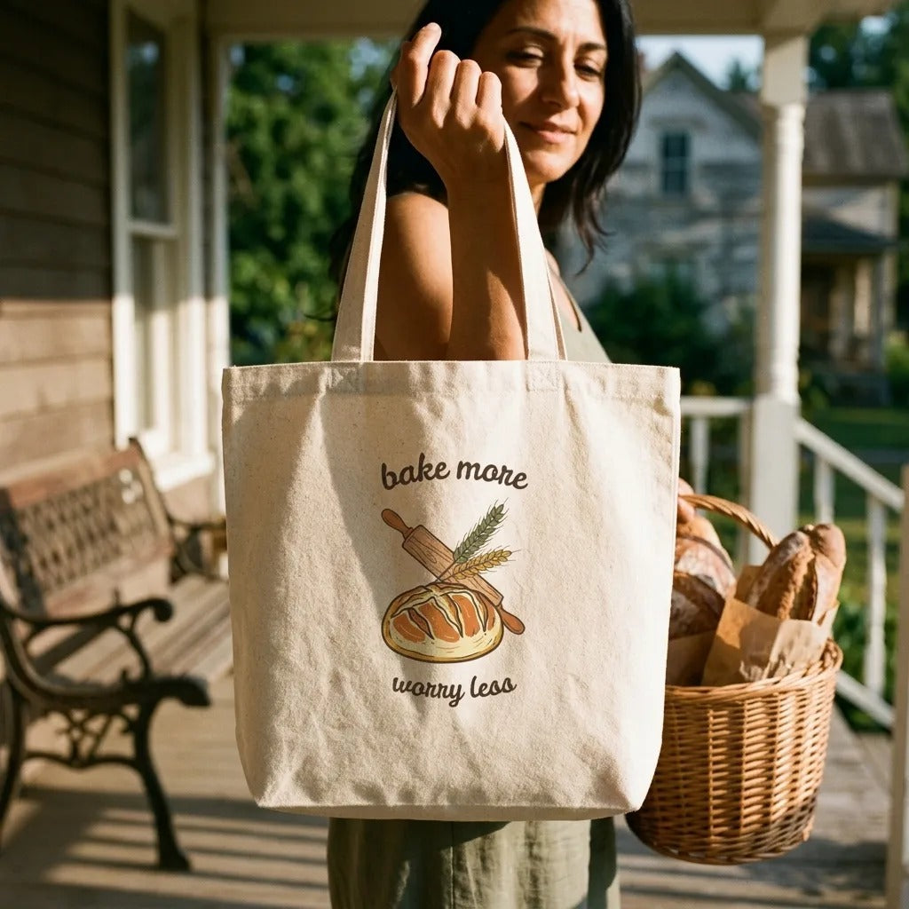 Bake More Worry Less retro kitchen sourdough canvas tote bag — lifestyle