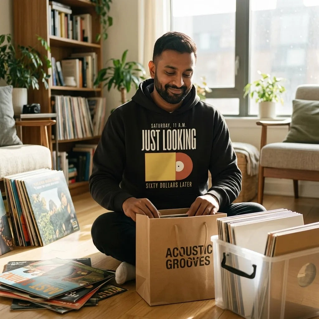 Just Looking Sixty Dollars Later vinyl record hoodie — lifestyle