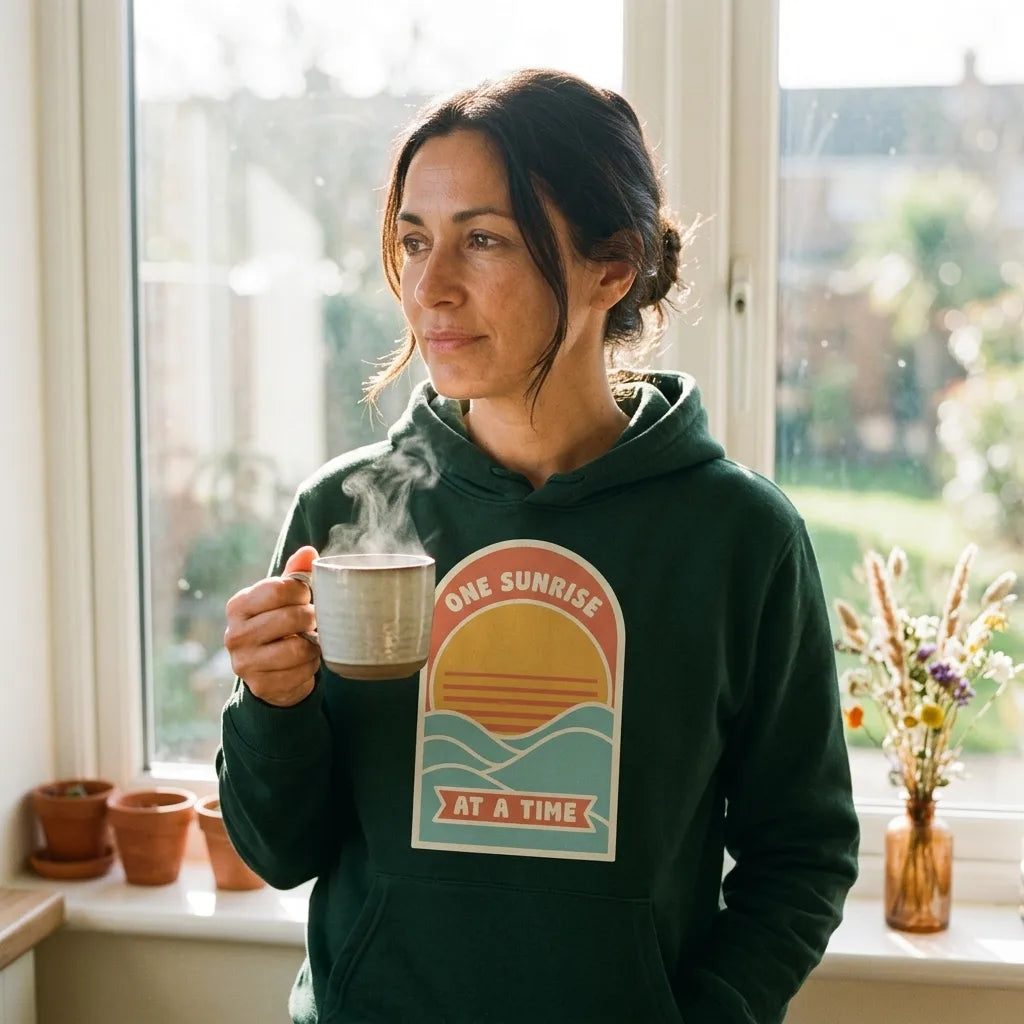 One Sunrise at a Time retro sunrise hoodie — lifestyle