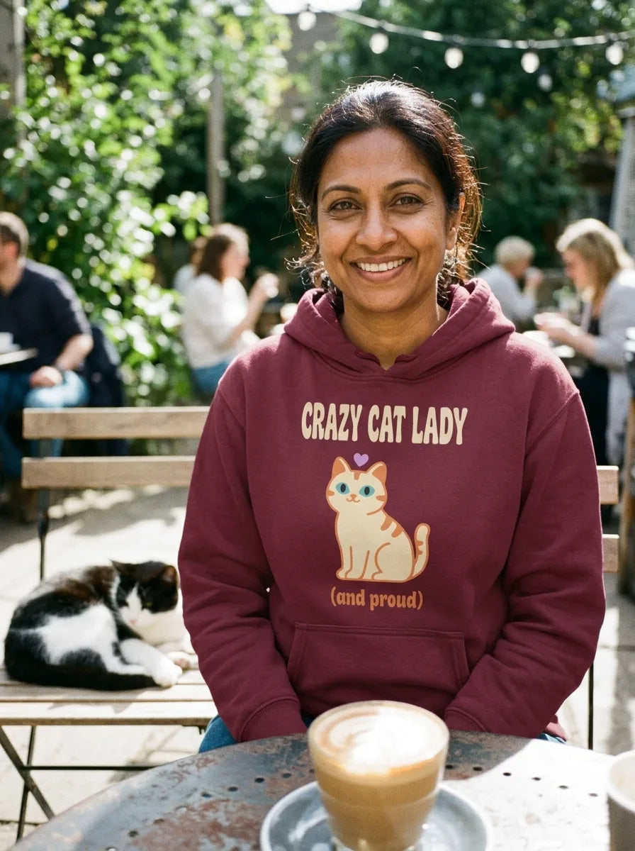 Crazy Cat Lady and Proud retro Y2K hoodie — lifestyle