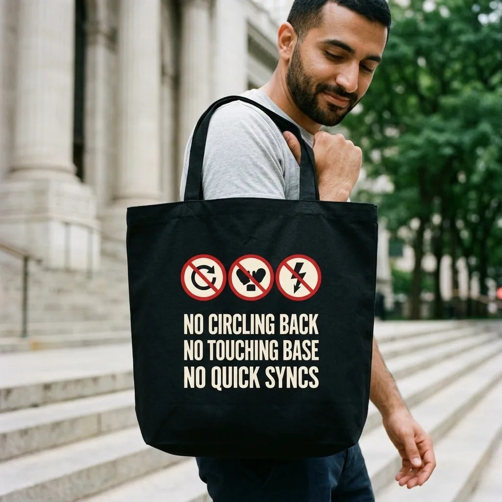 No Circling Back corporate jargon prohibition signs tote bag — lifestyle