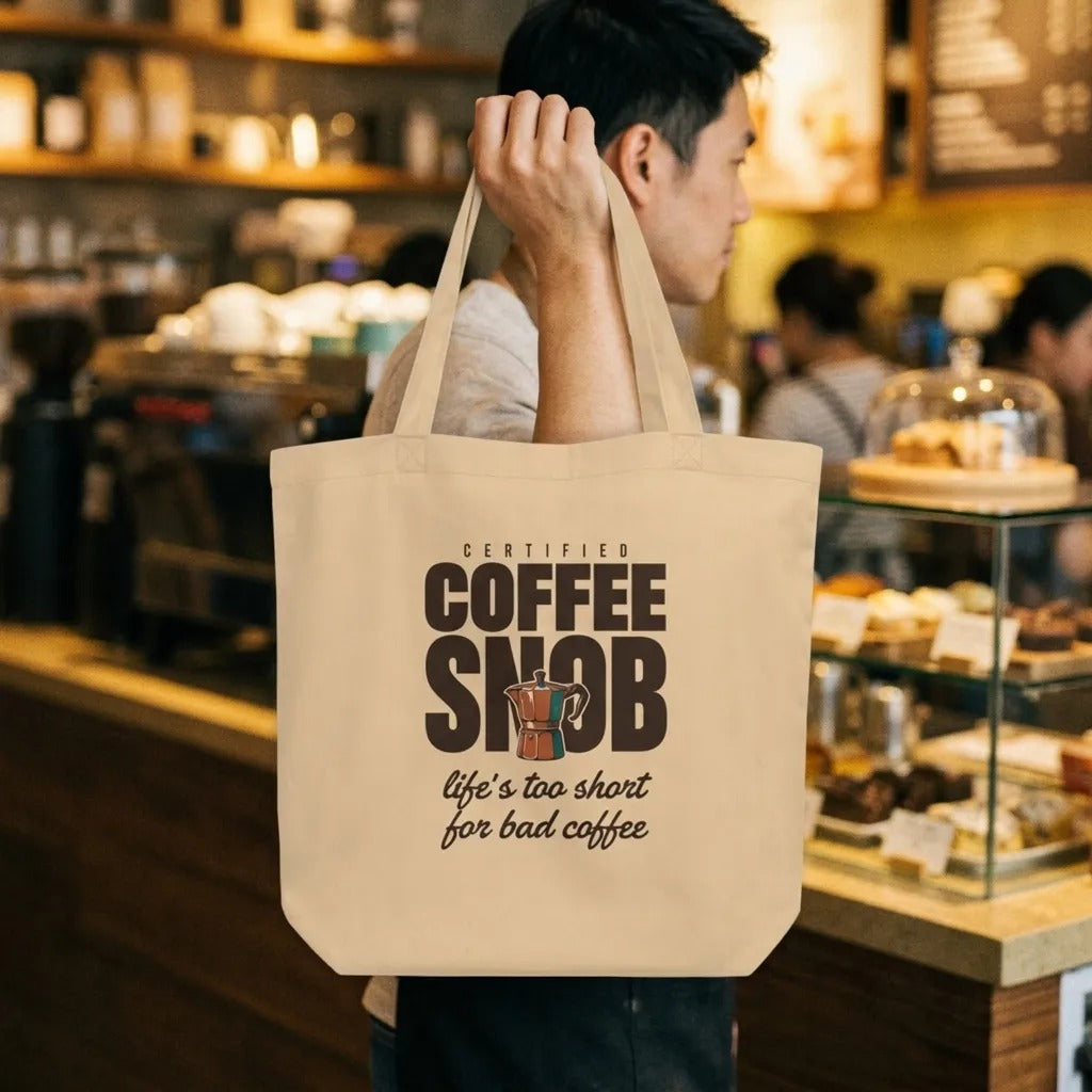 Certified Coffee Snob coffee canvas tote bag — lifestyle