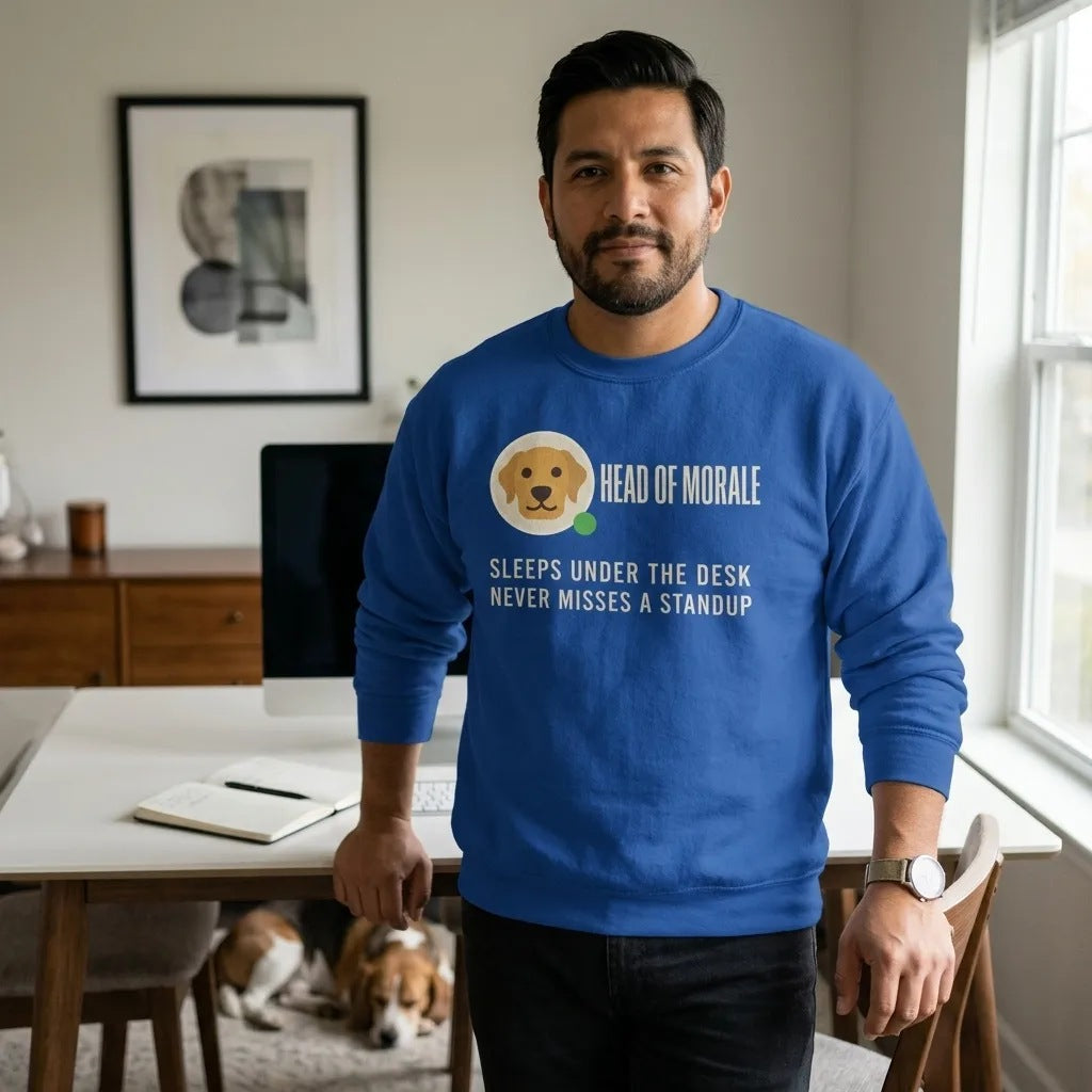 Head of Morale dog profile card crewneck sweatshirt — lifestyle