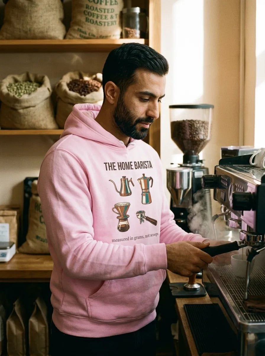 The Home Barista specialty coffee hoodie — lifestyle