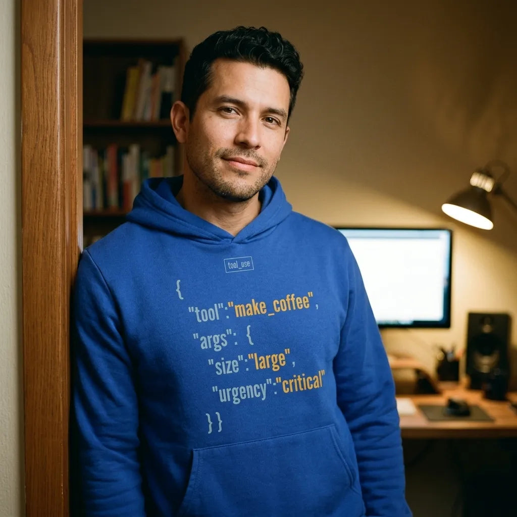 Tool Call Make Coffee AI engineer hoodie — lifestyle